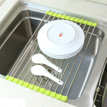 Stainless steel drain rack Kitchen sink drain basket Filter basket drain rack Folding drain roller shutter water plate shelf