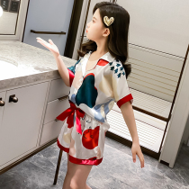 Girls  pajamas summer thin short-sleeved ice silk suit Childrens cute parent-child air-conditioning home clothes two-piece suit