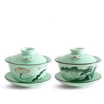 Celadon thickened bowl kung fu tea set hand-painted Lotus carp three talent bowl large tea bowl tea bowl tea ready
