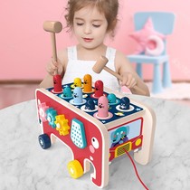 Childrens wooden cartoon elephants drag and hit the men and women to knock on the piling bench wooden Torah car toys