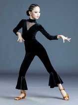 Autumn and winter new velvet net red Latin dance flared trouser set girls black long sleeved top practice dress dress