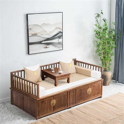 New Chinese Arhat bed sofa Living room Solid wood recliner Elm small apartment Antique storage Chaise Longue double box sofa