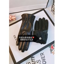 Leather gloves men and women autumn and winter couples Korean version plus velvet thickened warm and windproof waterproof cold riding driving touch screen