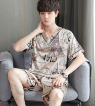 Pajamas men summer ice silk thin short sleeves casual can be worn outside the new cartoon silk home wear set simple