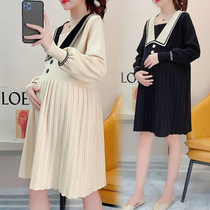 Fat plus size pregnant women sweater autumn and winter clothes pleated skirt doll collar waist waist slim knitted dress 300 Jin