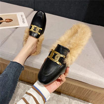 A pedal wool shoes womens autumn and winter wear 2021 flat black plus velvet fur Bean shoes semi-drag single shoes