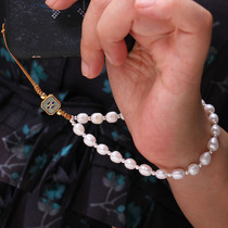 Sterling silver fidelity natural freshwater pearl blue lotus mobile phone chain pendant Chinese style short anti-lost wrist lanyard white