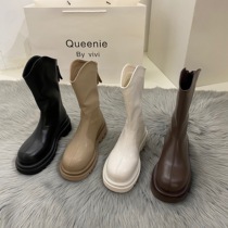  White thick-soled mid-barrel long-barrel Martin boots womens shoes 2021 new brown short boots spring and autumn single boots long boots