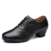 Leather outdoor square dance shoes mens middle heel straight rubber bottom friendship dance shoes cowhide Latin modern dance shoes