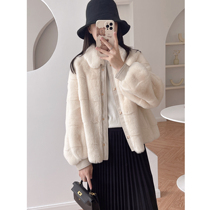  Off-season high-end good goods Danish mink grass jacket lapel lantern sleeve warm fur one-piece short jacket coat