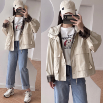 Port Taste Short Style Wind Coat Design Style Plaid Inner Lining Flap Edge Sleeves Large Pocket Loose Cocoon Type Tooling Jacket Woman