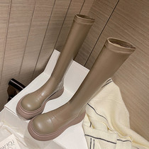 Stretch skinny boots milk tea-colored boots female 150 small man thick-soled boots no knee Knight boots leather