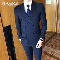 Double-breasted suit mens suit Korean version of slim handsome groom wedding dress English suit suit suit mens leisure
