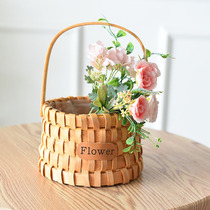 Hand flower basket rattan wood chip decoration handmade bamboo flower girl gift small blue fruit basket bamboo basket