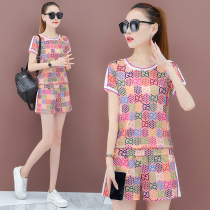 Short sleeve shorts sports suit women Summer thin foreign air fashion Aging Tide Card Casual Wear Big Code Loose two sets