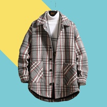 Autumn and winter plaid woolen windbreaker mens fat plus size trend fat loose youth medium and long jacket jacket