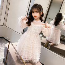  Korean girls  dress 2021 spring and autumn new middle and large childrens long-sleeved mesh princess dress white yarn skirt dress trend
