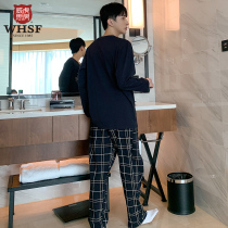 Mens pajamas cotton spring and autumn long sleeves cotton plaid junior fall winter day casual loungewear set