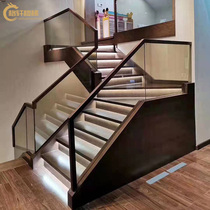  Wuxi custom glass staircase handrail Duplex attic indoor villa solid wood staircase Glass guardrail simple handrail