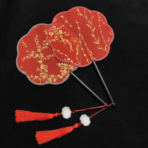 Large Red Ancient Wind Hanfu Bridal True Silk Long Handle Group Fan Scalding Gold Round Palace Fan Photography Props Long Flow Su