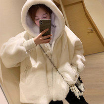 (Min light luxury) maje 2021 New thick coat winter loose short Rex rabbit fur hooded coat