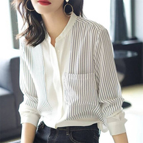 JOLIMENT silk striped shirt womens 2021 summer new Korean edition long-sleeved white mulberry silk shirt top
