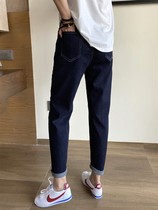 Large size high waist elastic denim carrot pants female fat sister slim high suitable for hip thigh thick Harren pants tide