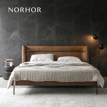 Nordic expression norhor RELY leather soft bag solid wood double bed Italian style very simple mid-ancient wind back bag#