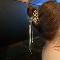 Pearl tassel metal hairpin back of the head 2021 new shark clip net red hair clip butterfly grip clip headdress