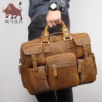 Crazy Horse Leather Mens Hand Short-distance Bags Large Capacity Shoulder shoulder bag Pure Cowhide Vintage Business Bag