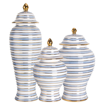 European-style American light luxury blue and white gold horizontal pattern ceramic jars will be the soft decoration handicraft ornaments in the model room of the general altar