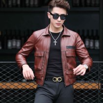 Autumn new Haining sheep leather leather men slim short lapel Korean leather jacket youth casual coat