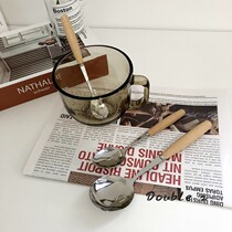 Simple ins Japanese cylindrical solid wood handle stainless steel spoon tableware coffee spoon dinner spoon retro home eating spoon