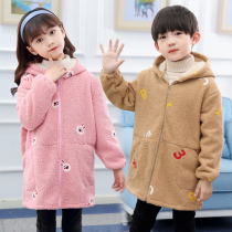 Teddy velvet embroidered overalls children's dining clothes painting bib dust-proof and dirt-resistant Joker long sleeve protective zipper overalls
