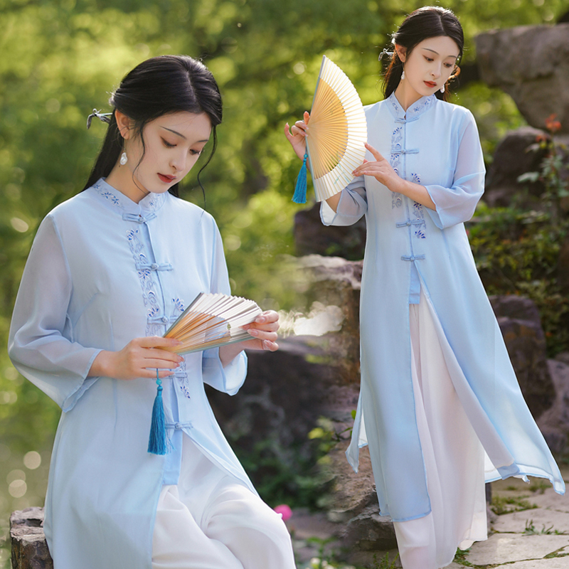 新しい中国風の改良された漢服、レトロな中国風の妖精アオザイのチャイナドレス、唐のスーツ、禅の美容師のティースーツ