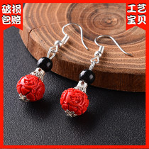 Yangzhou Lacquer specialty carved lacquer Zhu sand retro national wind accessories earrings earrings earrings for womens brides with red ornaments