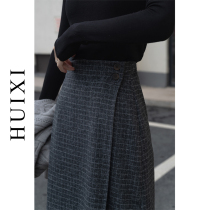 HUIXI woolen plaid skirt women 2021 new autumn and winter design sense minority long A- line dress
