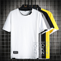 Tide Men Short Sleeved T Summer Pure Cotton Fake Two Students Leisure Half-sleeved Print Letter Circular Shirt