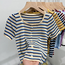Round neck striped knit short sleeve T-shirt female summer small crowddesign sensation 100 hitch hoodie knitwear and dont give a blouse