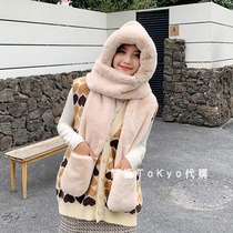 Japanese thick cute Net red plush hat female autumn and winter scarf one ear protection warm gloves three-piece tide
