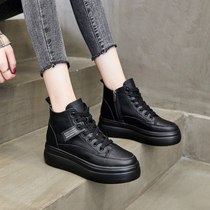Hong Kong high-top shoes womens 2021 autumn new black leather wild thick-soled heightened flat-bottomed casual sports board shoes