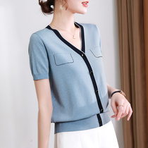  Mom summer v-neck t-shirt womens 2021 new casual knitted top summer Western style ice silk short-sleeved bottoming thin section