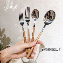 Korean Net Red household long handle spoon stainless steel tableware knife and fork ins Wind exquisite wooden handle dessert small spoon children