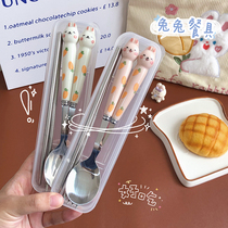Cute rabbit chopsticks spoon suit for children with single person loading a stainless steel tableware collection box