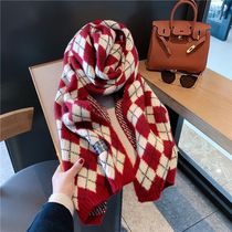 New year gift scarf female winter Joker cashmere plaid knitting warm red this year to give girlfriend