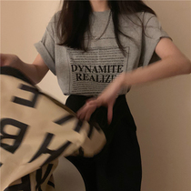 Gray curly short sleeve T-shirt female 2021 summer New loose retro port flavor letter print half sleeve top