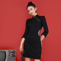 Guochao black improved cheongsam 2022 new autumn retro little young dress overalls professional wear