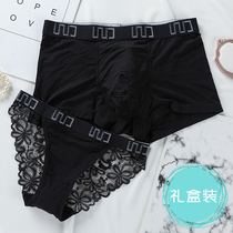 Couple panty set sexy mesh lace panty women briefs Personality temptation Modal male boxer shorts