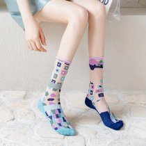  Summer new French art stockings womens thin AB asymmetrical glass silk tide socks mid-tube socks