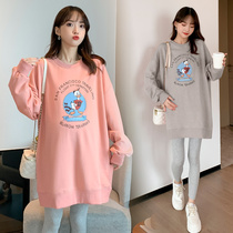 Pregnant Woman Early Spring New Korean Version Big Code Sweatshirt Suit Spring Autumn Season Long loose round collar outside wearing a belly jacket